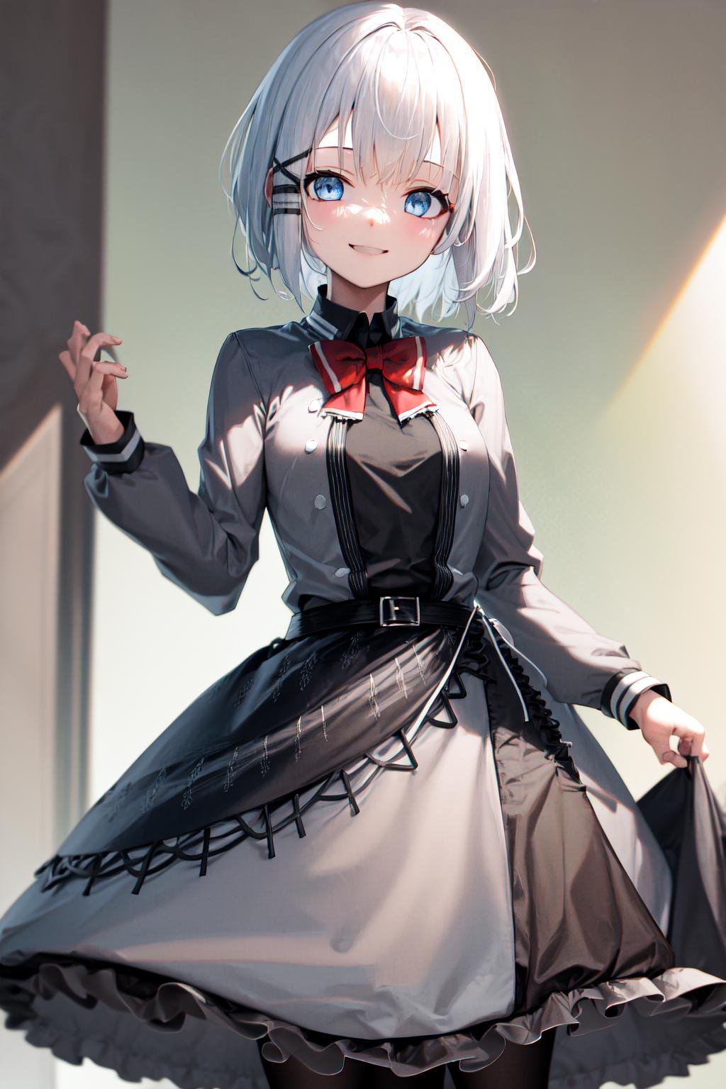 masterpiece, best quality, highres, 1girl white hair blue eyes x hair ornament, red bowtie black shirt grey jacket grey dress black skirt black belt frills black pantyhose <lora:siesta:1> smile