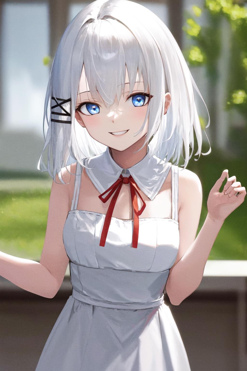 masterpiece, best quality, highres, 1girl white hair blue eyes x hair ornament <lora:siesta_no_outfit:1> smile, white dress, neck ribbon, red ribbon