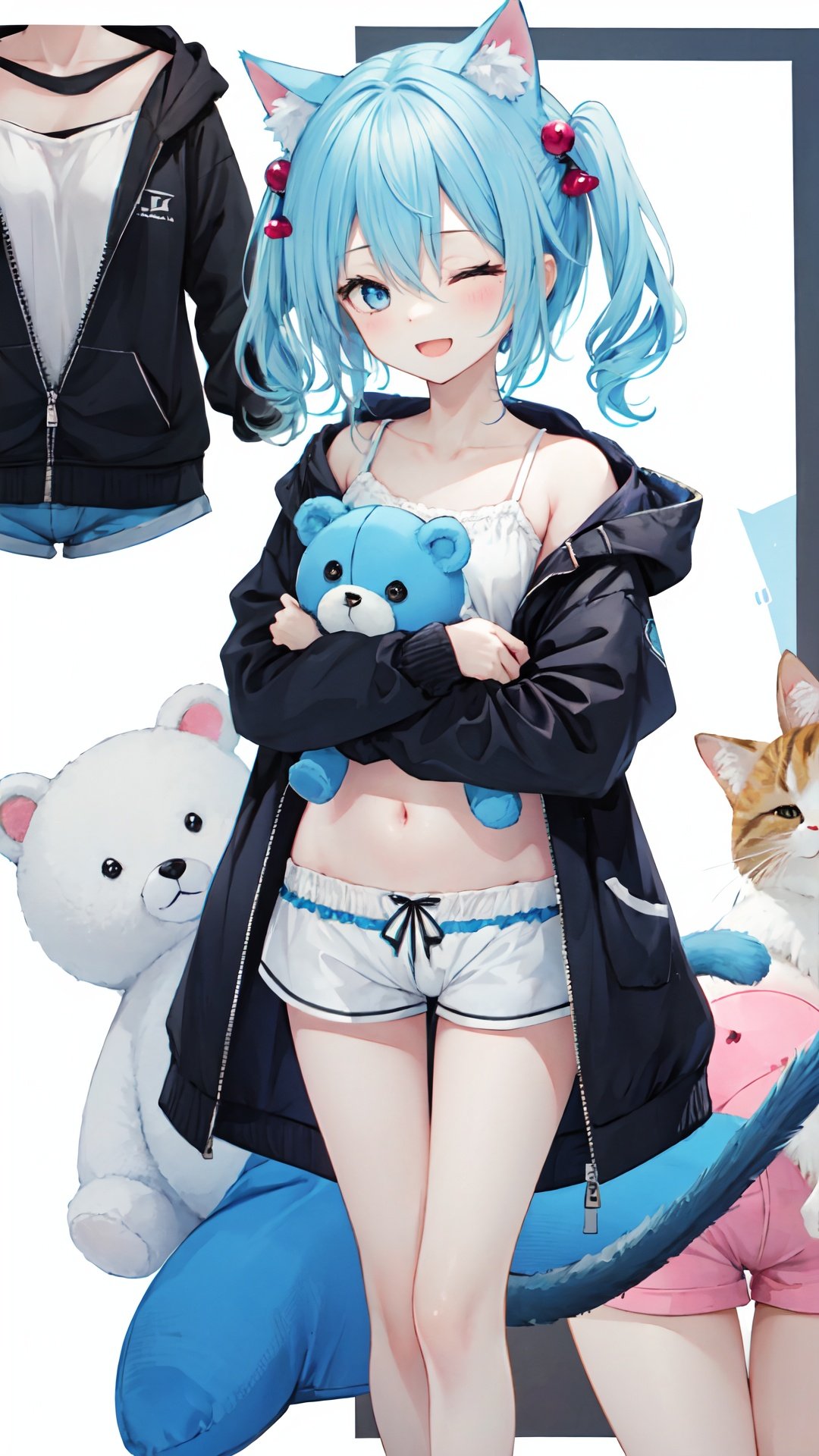 1girl, stuffed toy, stuffed animal, cat ears, animal ears, multiple views, blue hair, jacket, short shorts, tail, long hair, shorts, cat tail, stuffed cat, blue eyes, black jacket, closed mouth, open jacket, barefoot, blush, camisole, open clothes, holding stuffed toy, hood down, smile, bangs, long sleeves, hooded jacket, closed eyes, white camisole, holding, sleeves past wrists, cat girl, hood, open mouth, striped, one side up, collarbone, very long hair, hair between eyes, shirt, object hug, white background, striped shorts, :d, flying sweatdrops, white shirt, hair ornament, blue shorts, looking at viewer, navel, teddy bear, ^_^, bare legs, drawstring, arrow (symbol), standing, color guide