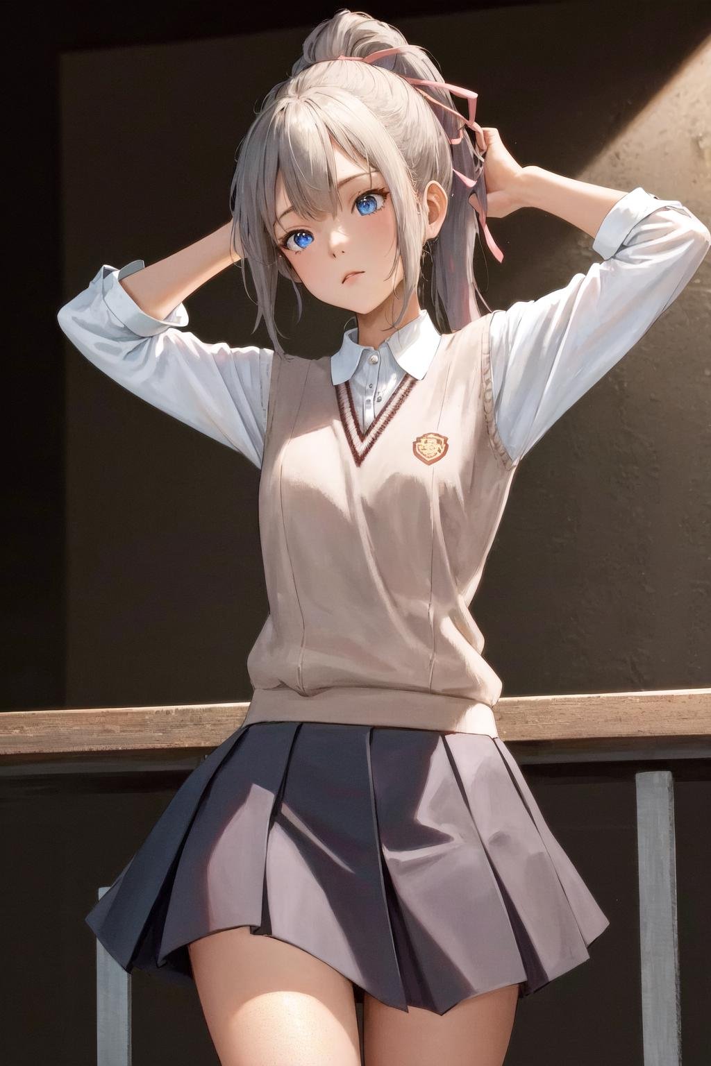 masterpiece, best quality, highres, 1girl ponytail hair ribbon <lora:bluesy_no_outfit:0.5> <lora:bluesy:0.5><lora:tokiwadai_school_uniform:1> tokiwadai school uniform