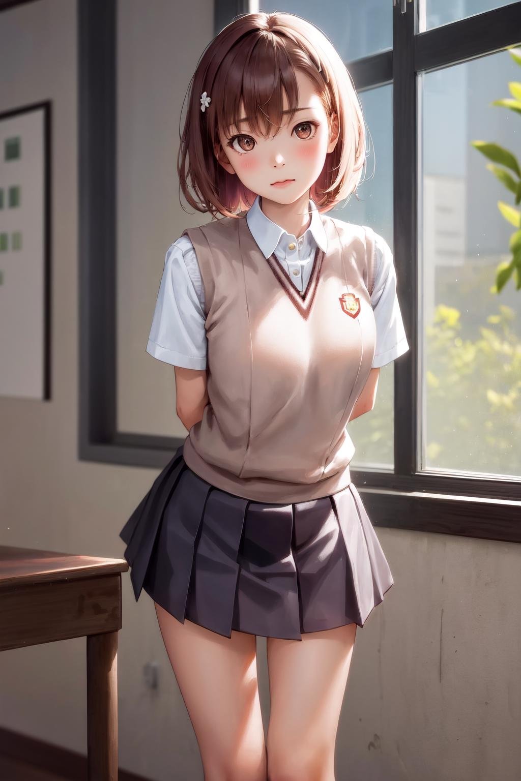 masterpiece, best quality, highres, 1girl, standing, leaning forward, arms behind back, misaka mikoto <lora:tokiwadai_school_uniform:1> tokiwadai school uniform