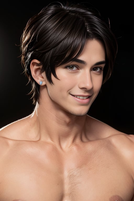 s13_suyo, 1man, young man, solo, looking at viewer, smile, short hair, landscape, black hair, jewelry, yellow eyes, upper body, male focus, earrings, dark skin, muscular, pectorals, muscular male, black background, bara, topless male  <lora:s13_suyo-30:0.55>