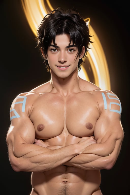 s13_suyo, solo, looking at viewer, smile, short hair, landscape, black hair, 1boy, jewelry, yellow eyes, upper body, male focus, earrings, dark skin, muscular, pectorals, muscular male, black background, bara, topless male  <lora:s13_suyo-30:0.55>