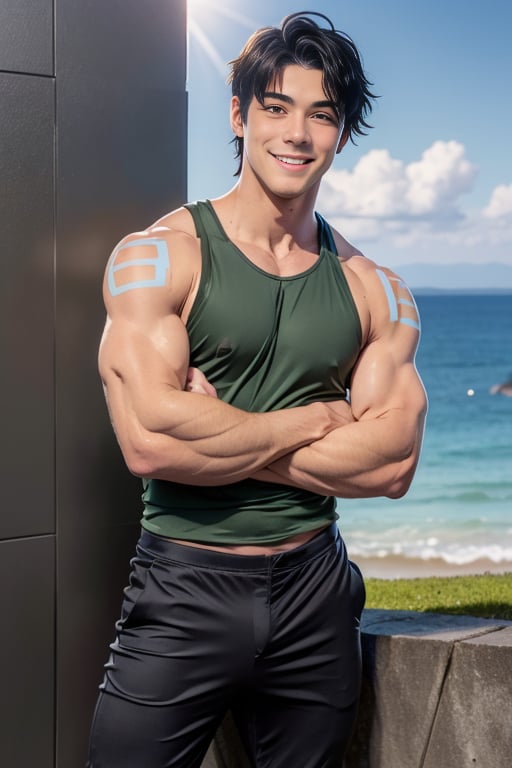 s13_suyo, 1man, young man, crossed arms, smile, broad shoulders, big biceps, black hair, tank top, muscles, pants, landscape, daylight, looking at you, <lora:s13_suyo-30:0.6>, <lora:BettercocksFlaccid:0.6>