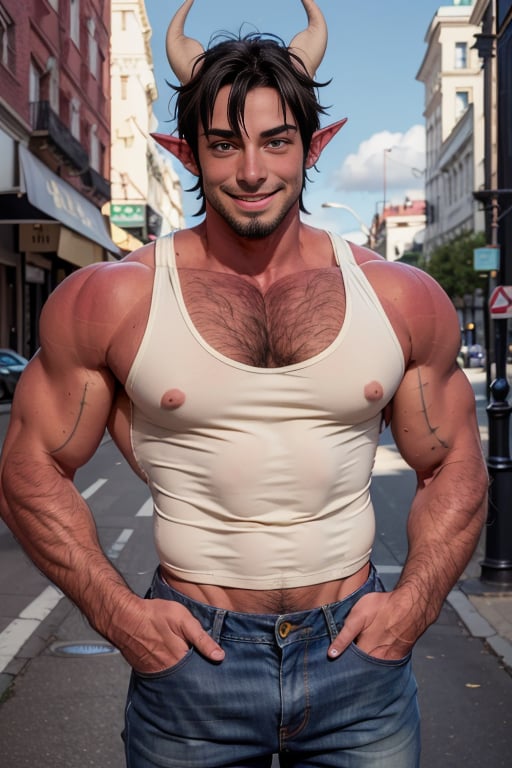 dom_suyo, muscular, tank top, jeans, beard, hairy chest, looking at you, smile, yellow eyes, demon horns, red skin, coloured skin, ear piercing, daylight, street, <lora:dom_suyo-30:0.6>