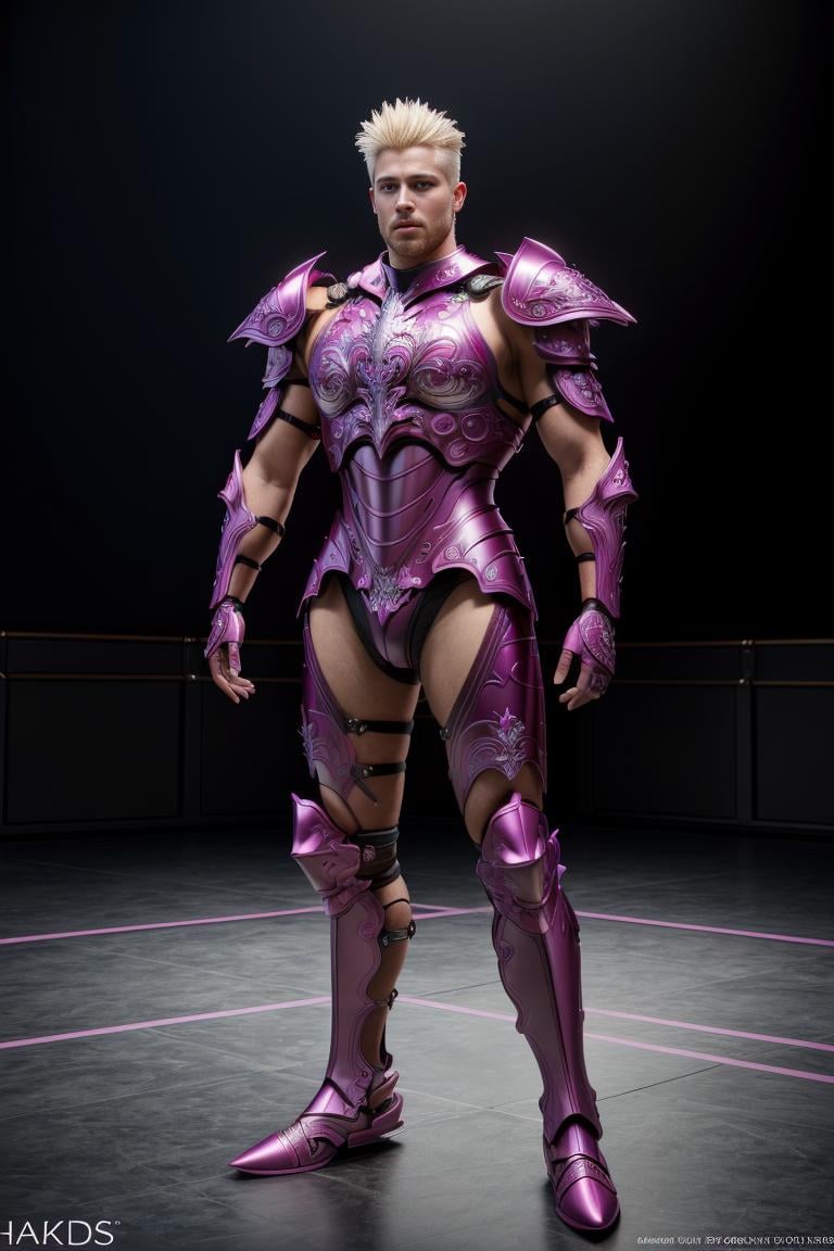 <lora:hades_armor_v2:0.7> Passion Pink hades_armormasterpiece, best quality, intricate details, highly detailed raw photography, photorealism, photorealistic, Real-Time Ray Tracing lighting, volumetric lighting, volumetric shadows, 8k-perfect-octaneblond man, full body viewwrestling ring photorealistic clear ultra-detailed and defined background  of a beautiful