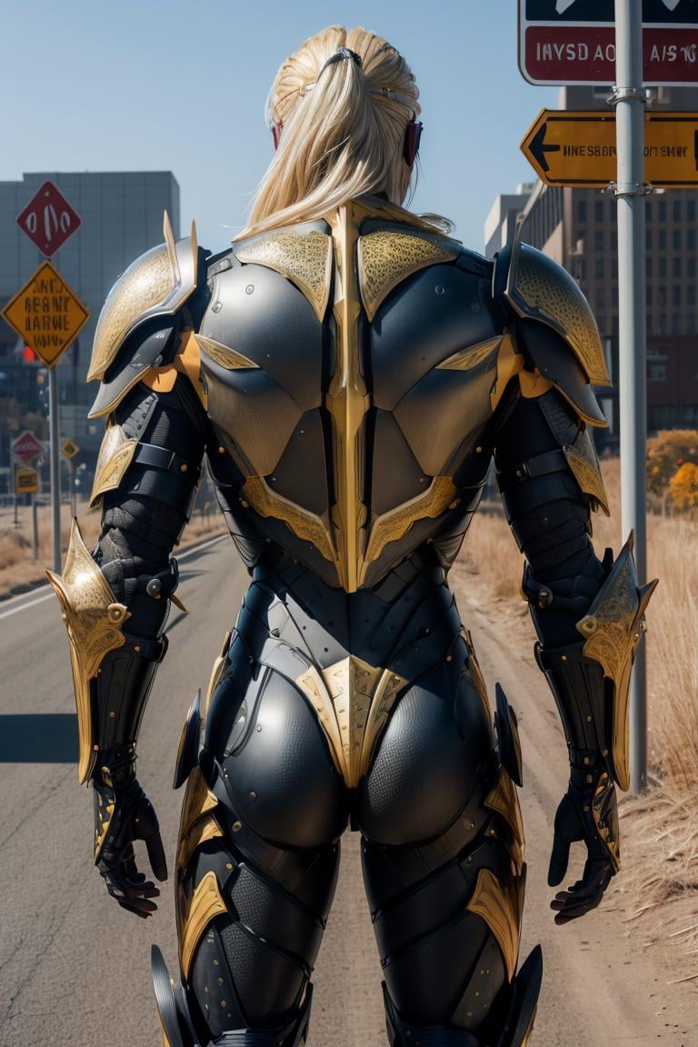 <lora:hades_armor_v2:0.7> Road Sign Yellow hades_armormasterpiece, best quality, intricate details, highly detailed raw photography, photorealism, photorealistic, Real-Time Ray Tracing lighting, volumetric lighting, volumetric shadows, 8k-perfect-octaneblond man, full body view, sex from behindfall photorealistic clear ultra-detailed and defined background  of