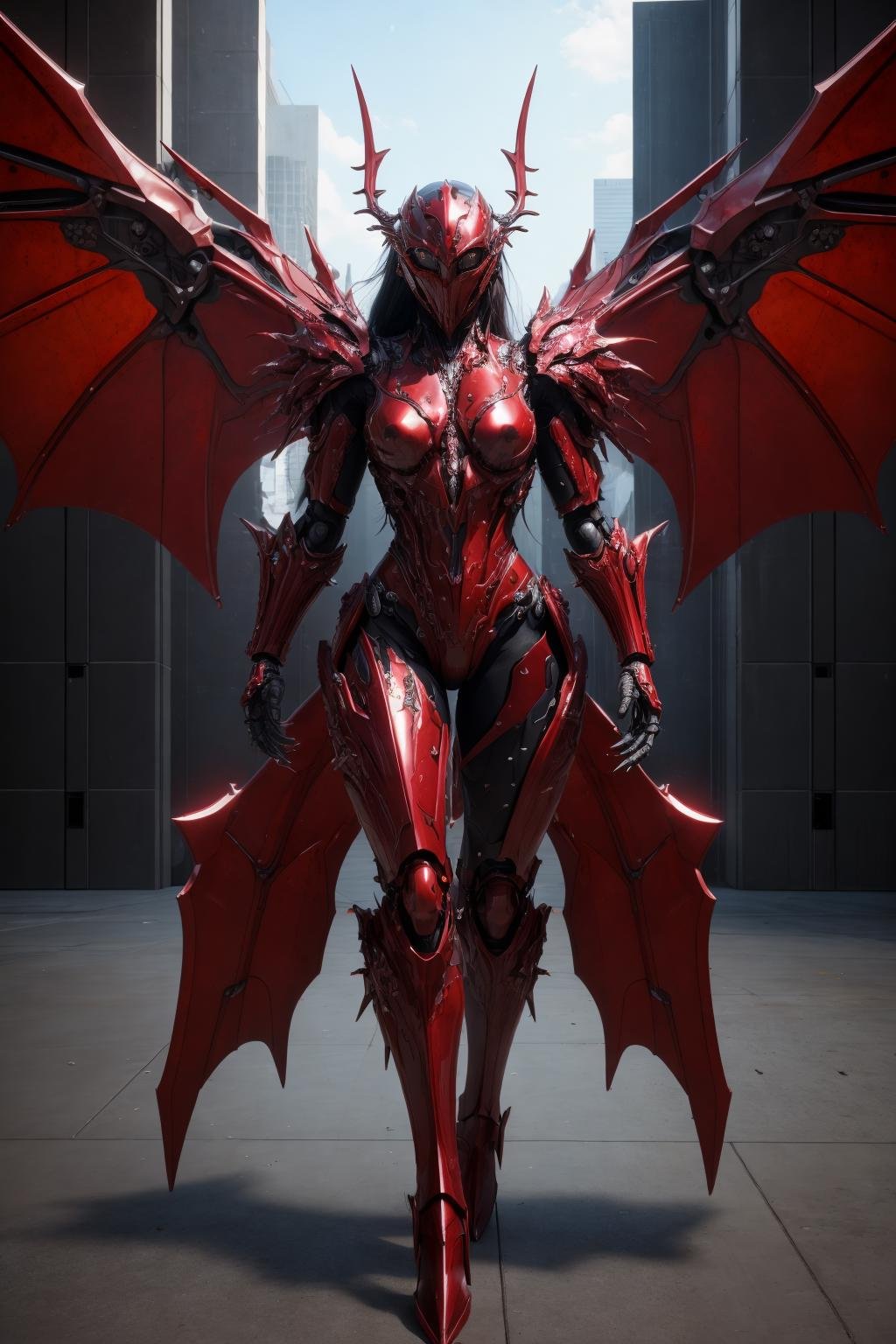 <lora:hades_armor_v3:0.7>masterpice, highly detailed photorealistic raw photography, best quality, volumetric lighting, volumetric shadows1girl in Christmas Red hades_armor, musculated body, alien eyes, helmet, monster form, claws, metal demon wings, armor reflexions, wavingsteampunk city background with multicolor flowers