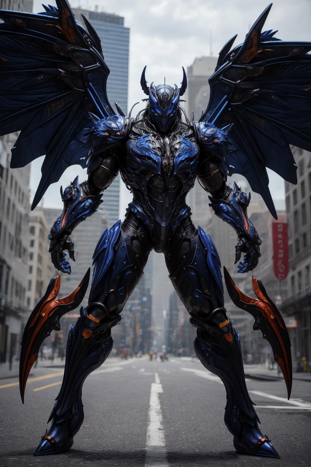 <lora:hades_armor_v3:0.7>masterpice, highly detailed photorealistic raw photography, best quality, volumetric lighting, volumetric shadows1boy in Indigo Blue hades_armor, musculated body, monster form, claws, metal demon wings, armor reflexions, leaning forwardsteampunk city background with multicolor flowers