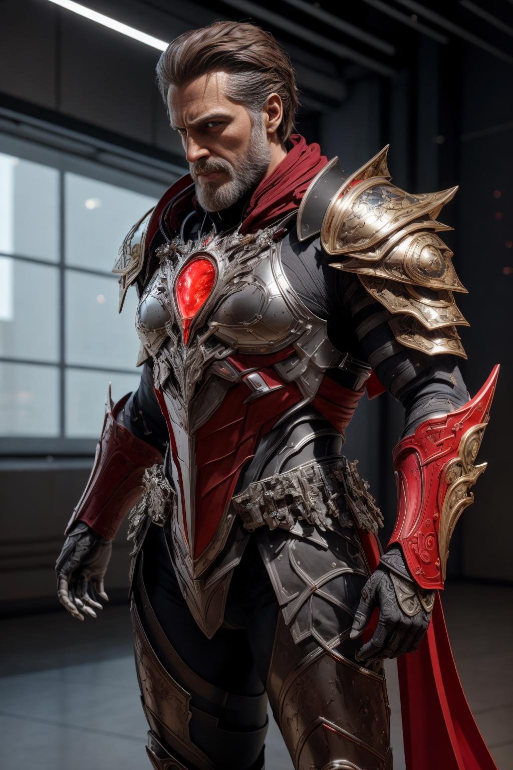 <lora:hades_armor_v3:0.7>masterpiece, best quality, intricate details, highly detailed raw photography, photorealism, photorealistic, Real-Time Ray Tracing lighting, volumetric lighting, volumetric shadows, 8k-perfect-octaneolder man in Comic Book Red hades_armor, shoulder armor, pauldrons, breastplate, armor reflexions, red scarf, sideburns, ((knees apart feet together)), perfect sharp eyesspace station city background withA place with a lot of glass details in silver and gold, Bokeh Background Lights 