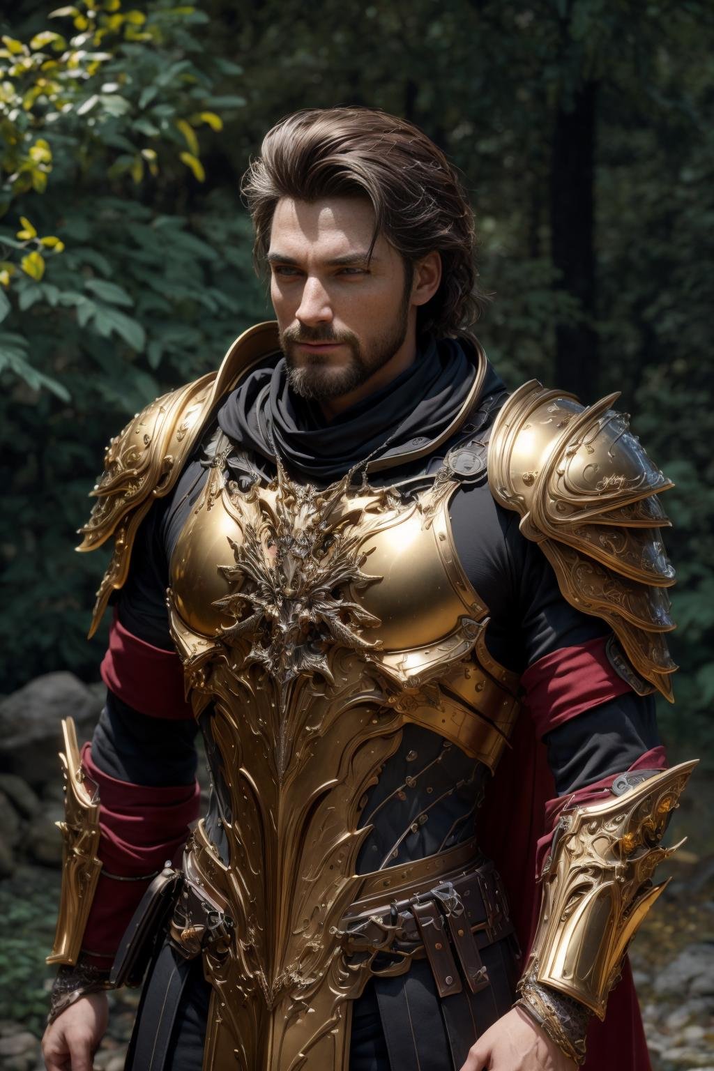 <lora:hades_armor_v3:0.7>masterpiece, best quality, intricate details, highly detailed raw photography, photorealism, photorealistic, Real-Time Ray Tracing lighting, volumetric lighting, volumetric shadows, 8k-perfect-octaneyoung man in Harvest Gold hades_armor, shoulder armor, pauldrons, breastplate, armor reflexions, red scarf, goatee, ((head tilt)), perfect sharp eyesdungeon city background withA place taken by nature full of mosses and vegetation, Bokeh Background Lights 