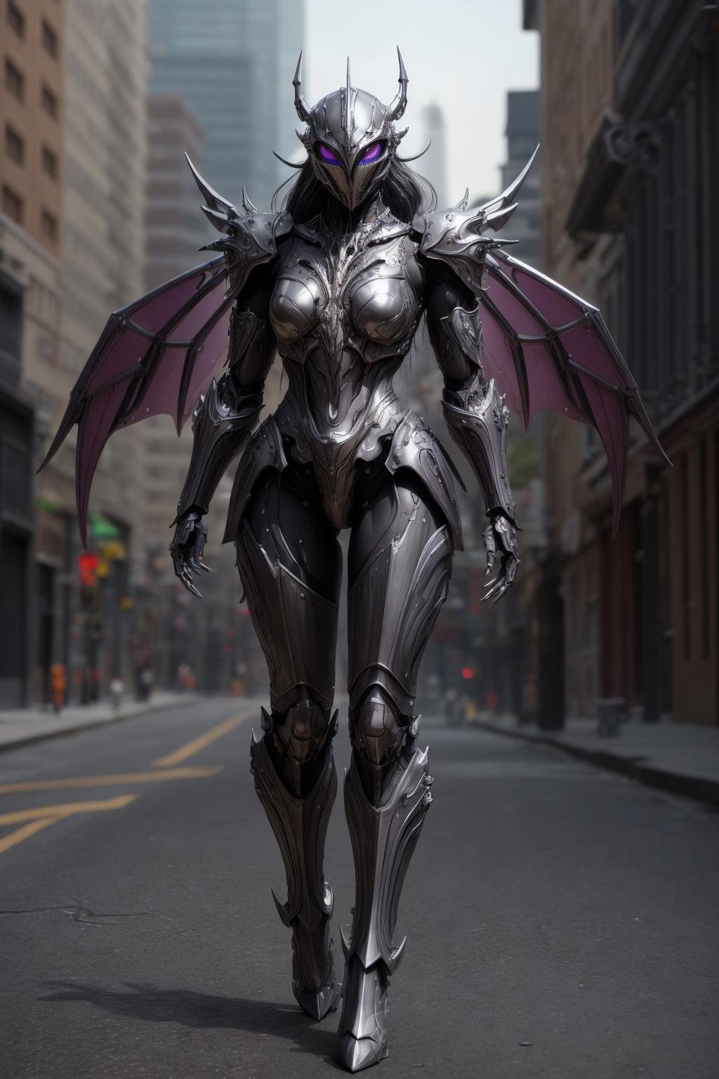 <lora:hades_armor_v3:0.7>masterpice, highly detailed photorealistic raw photography, best quality, volumetric lighting, volumetric shadows1girl in Pastel Gray hades_armor, musculated body, alien eyes, helmet, monster form, claws, metal demon wings, armor reflexions, toe-pointsteampunk city background with multicolor flowers