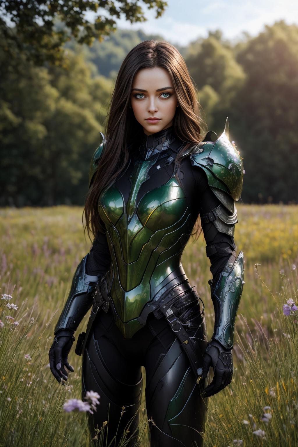 <lora:hades_armor_v3:0.7>masterpice, highly detailed photorealistic raw photography, best quality, volumetric lighting, volumetric shadows1girl in dark hades_armor, green eyesmeadow background with multicolor flowers