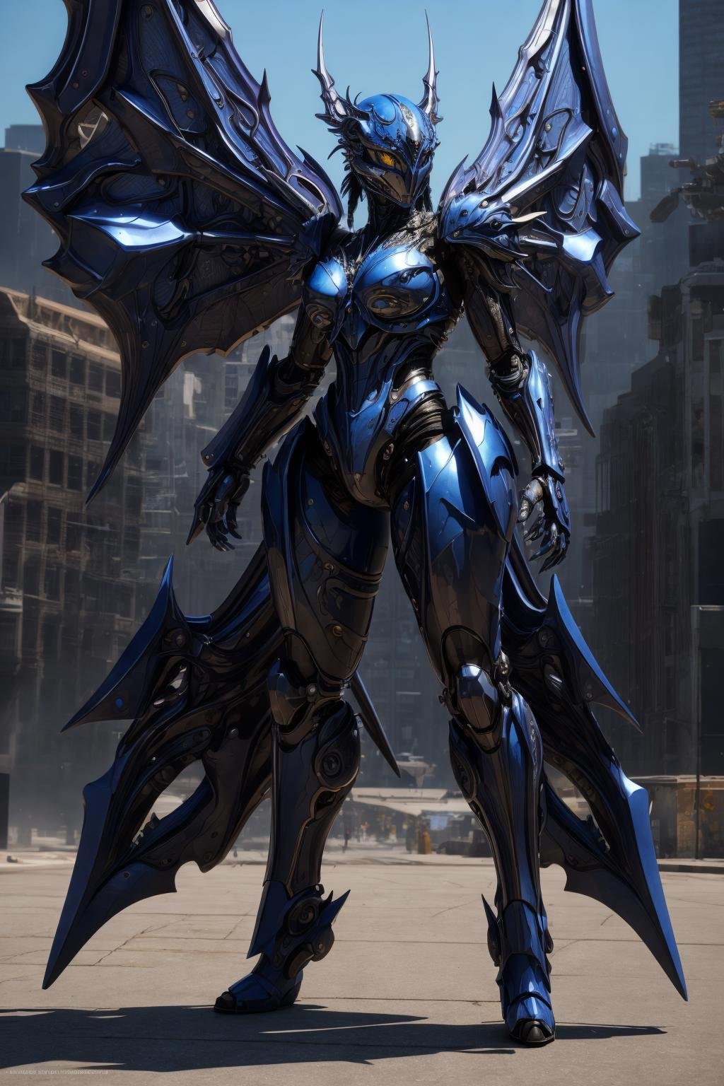 <lora:hades_armor_v3:0.7>masterpice, highly detailed photorealistic raw photography, best quality, volumetric lighting, volumetric shadows1girl in Cornflower Blue hades_armor, musculated body, alien eyes, helmet, monster form, claws, metal demon wings, armor reflexions, lying against the ground, hand on headsteampunk city background with multicolor flowers