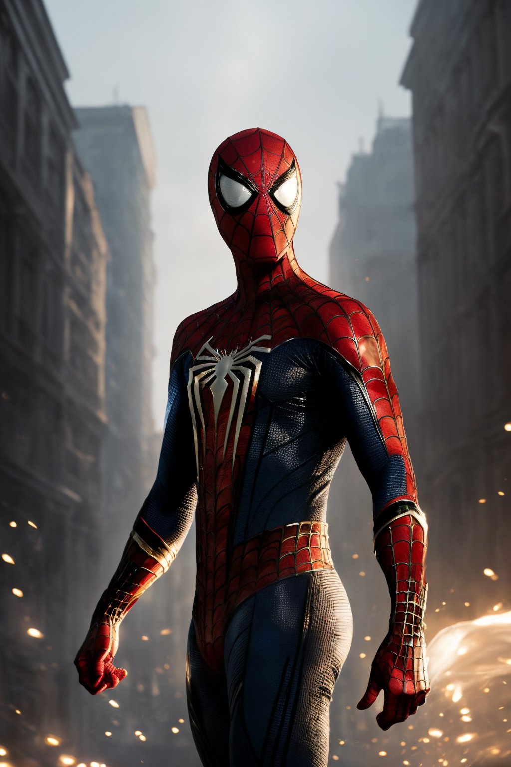A breathtaking 8K photorealistic concept art masterpiece,  (Spiderman adorned in a stunning white and gold armor-style suit,  unmasked,  with a white cape billowing gracefully:1.3),  Set against the backdrop of a highly detailed night cityscape,  captured with perfect composition and sharp focus,  (A cinematic vision of artistry:1.3),  Bathed in soft,  natural volumetric lighting,  the chiaroscuro effect enhancing the intricate details of the suit,  (A true award-winning photograph:1.3),  Created in the style reminiscent of the great masters Raphael,  Caravaggio,  and modern visionaries like Greg Rutkowski,  Beeple,  Beksinski,  and Giger,  (A piece trending on ArtStation for its artistic brilliance:1.3),  This oil on canvas marvel is a testament to artistic excellence,  showcasing Spiderman as you've never seen him before,  (An artistic achievement beyond compare:1.3)