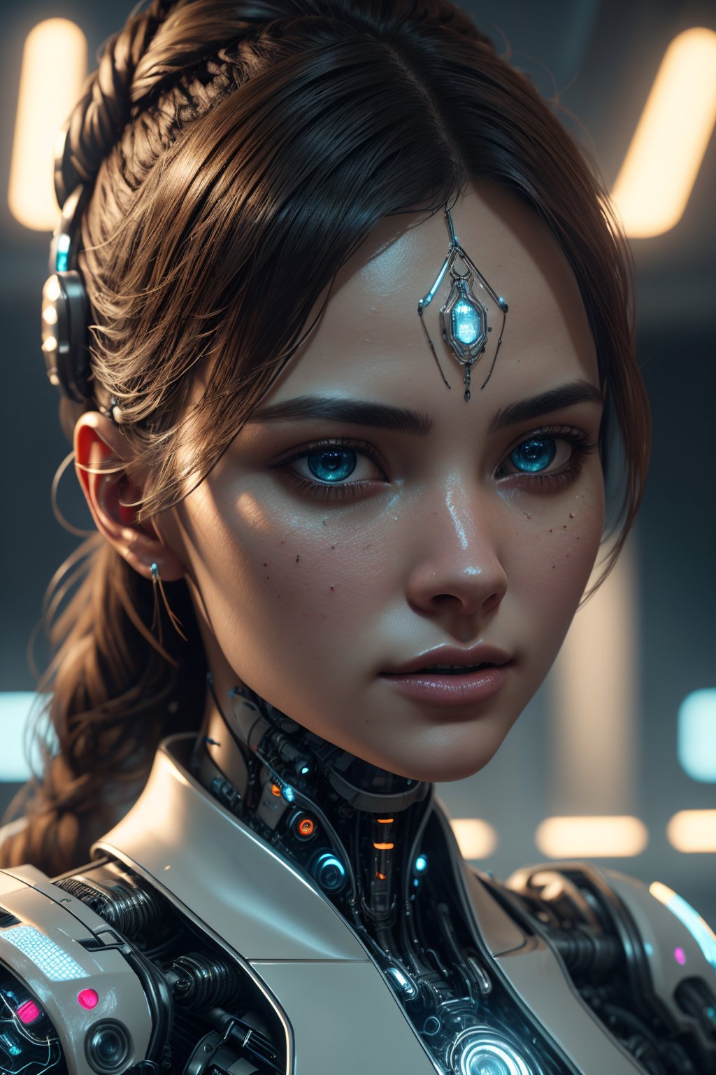 (best quality, 8K, ultra-detailed, masterpiece), (octane render, 3D illustration), Craft an extraordinary masterpiece in 8K detail. Present a stunningly intricate 3D render of a beautiful porcelain profile woman android, seamlessly blending cyborg and robotic elements into her visage. The studio lighting bathes her in soft, luxurious light, with a captivating rim light enhancing her vibrant details. This scene should evoke the essence of a luxurious cyberpunk world, complete with delicate lace details, hyperrealistic anatomical features, visible facial muscles, intertwining cable electric wires, and embedded microchips, all contributing to her elegant and sophisticated appearance. Achieve the pinnacle of realism and artistry, with octane render technology ensuring every facet of this masterpiece is truly breathtaking. An official art-quality, extremely detailed CG unity rendering with a realistic, photo-realistic touch (1.37) is expected to result in an amazing, finely detailed masterpiece.