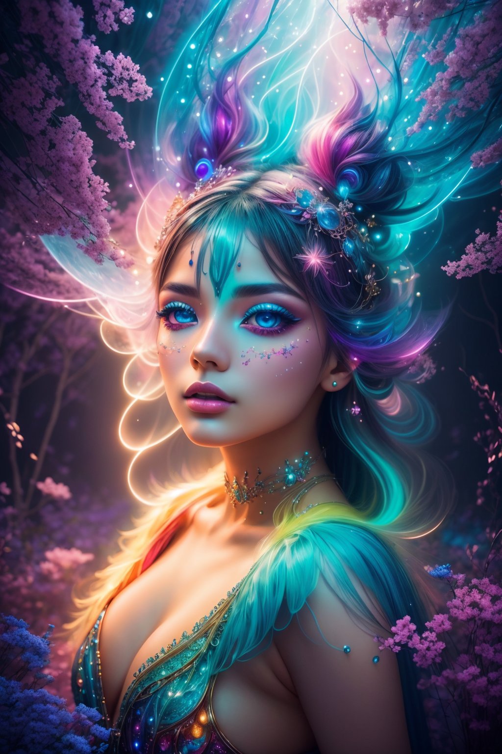 (photography:1.2), (vibrant and surreal:1.3), An extraordinary 8K photograph that transports a woman into a surreal, dreamlike world of vibrant colors and dramatic lighting. She stands amidst a fantastical, ethereal landscape that complements her finely detailed features, including her captivating eyes and flawless skin. The background is an otherworldly canvas of vivid, magical hues, creating a visually stunning and photorealistic masterpiece that merges the beauty of the subject with a surreal and vibrant environment.