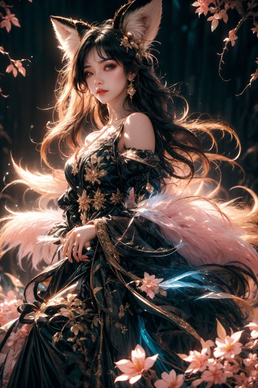 masterpiece,best quality,8k,insane details,intricate details,hyper quality,high detail,ultra detailed,realistic,1girl,animal ears,long hair,jewelry,looking at viewer,fox ears,dress,hair ornament,black dress,bracelet,bare shoulders,full body,tail,pink flower,fox,black hair,solo,looking at viewer,earrings,black background,lips,wavy hair,fox,glowing,detached sleeves,closed mouth,(fox tail),beads,makeup,long sleeves,EpicSky, huansha,neon_dress, cute girl