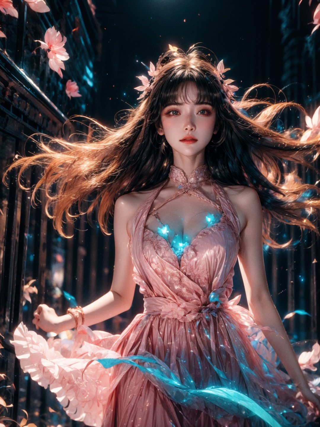 Movie stills, 1 girl, flowing hair, (glowing dress), colorful pleated skirt, running in the flowers, dreamy scenes, exquisite facial features, extremely beautiful face, clear details, soft lighting background, light particles, blue and orange lighting, masterpiece, best quality,upper_body,1girl,huansha,,east_asian_architecture,1girl