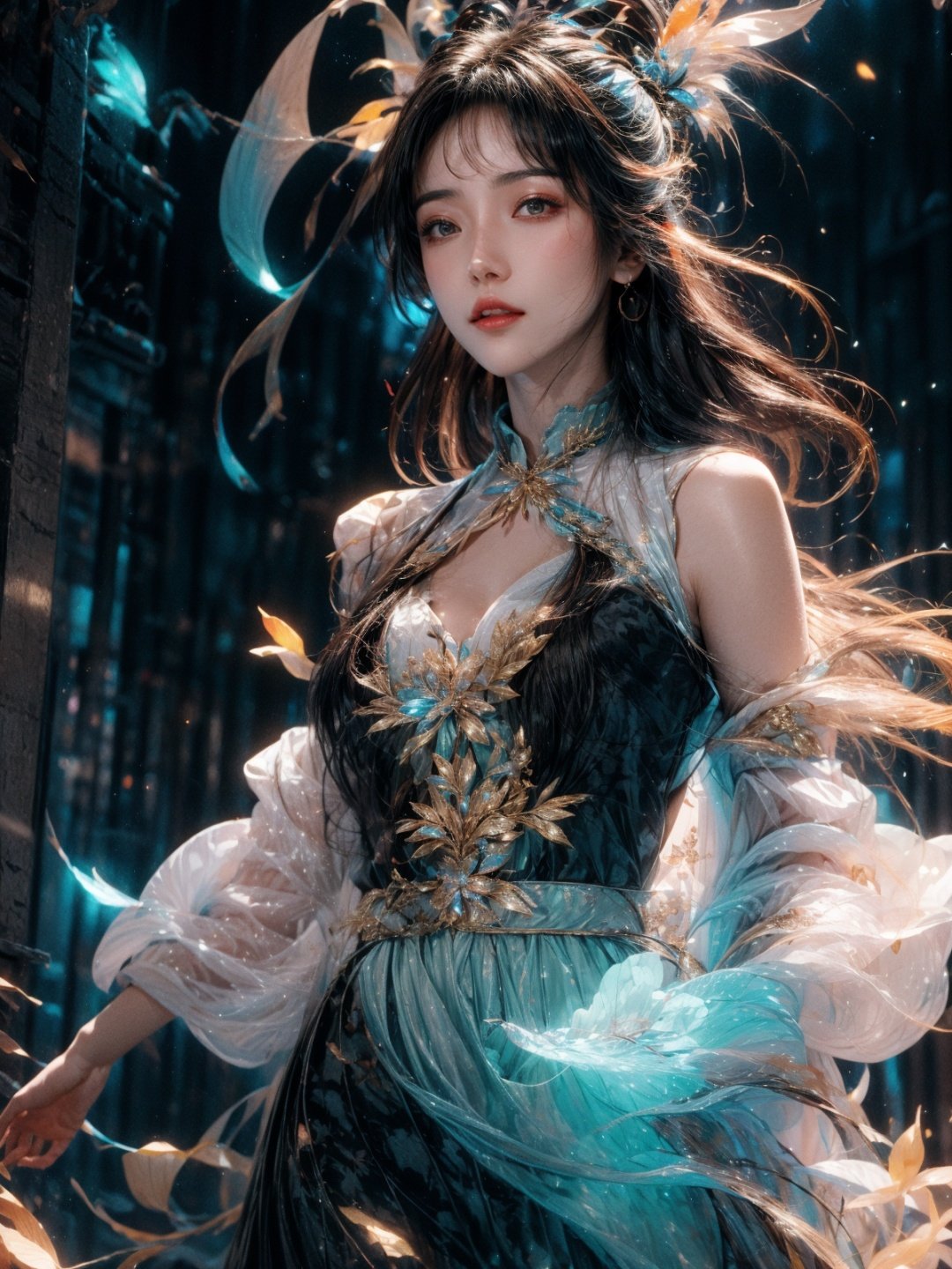 Movie stills, 1 girl, flowing hair, (glowing dress), colorful pleated skirt, running in the flowers, dreamy scenes, exquisite facial features, extremely beautiful face, clear details, soft lighting background, light particles, blue and orange lighting, masterpiece, best quality,upper_body,1girl,huansha,,east_asian_architecture,1girl