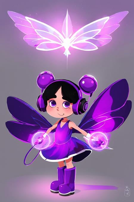 fant, antonella fant, 1girl, solo, looking at viewer, simple background, black hair, white background, dress, twintails, purple eyes, full body, purple hair, boots, wings, signature, headphones, red footwear, fairy wings, magic, fairy,<lora:antonellafant-04:0.95>