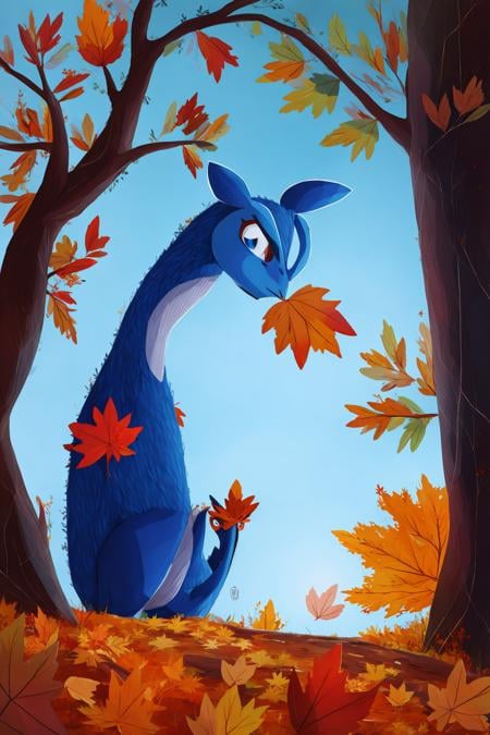 fant, antonella fant, blue eyes, outdoors, signature, looking at another, from side, tree, pokemon (creature), no humans, leaf, looking up, eye contact, autumn leaves,<lora:antonellafant-04:0.95>