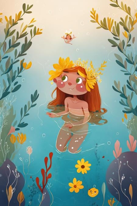 fant, antonella fant, 1girl, solo, long hair, looking at viewer, blush, smile, white background, upper body, flower, nude, english text, leaf, plant, white flower, partially submerged, freckles, fish, yellow flower,<lora:antonellafant-04:0.95>