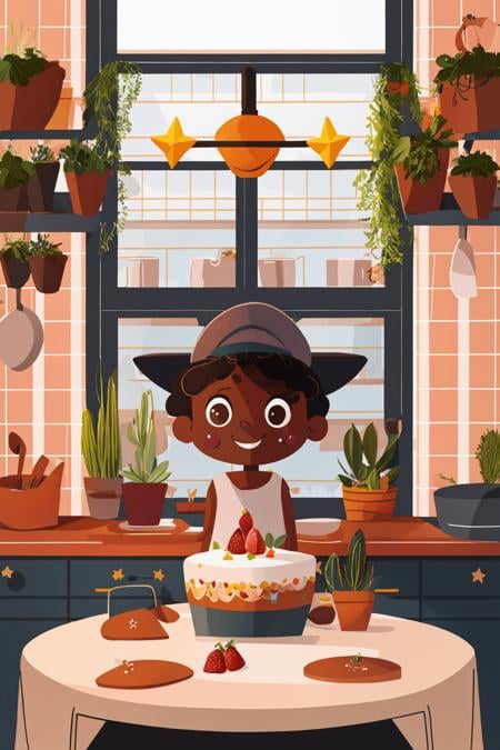 fant, antonella fant, 1girl, blush, smile, brown hair, 1boy, hat, holding, food, indoors, dark skin, star (symbol), dark-skinned female, window, white headwear, chair, table, plant, cake, strawberry, tiles, potted plant, kitchen, chef hat,<lora:antonellafant-04:0.95>