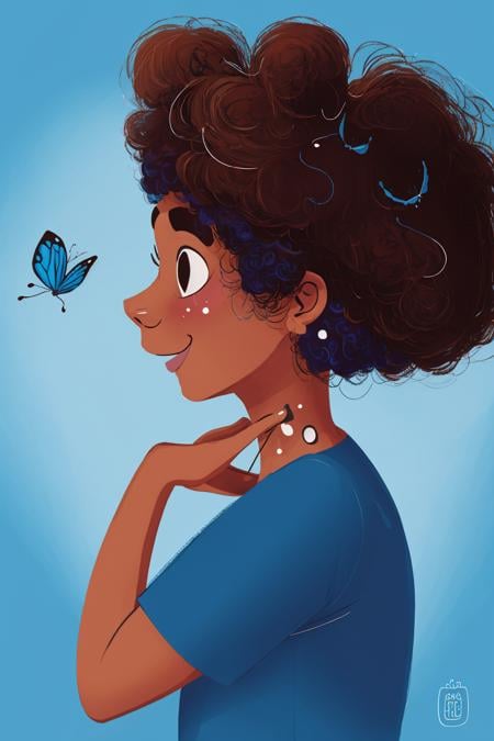 fant, antonella fant, 1girl, solo, smile, brown hair, shirt, brown eyes, upper body, short sleeves, signature, dark skin, from side, dark-skinned female, profile, blue background, bug, blue shirt, butterfly, curly hair, blue butterfly, afro,<lora:antonellafant-04:0.95>