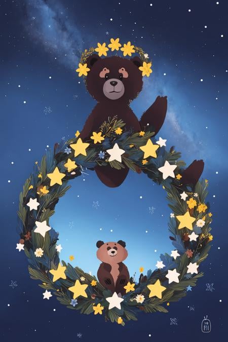 fant, antonella fant, holding, closed eyes, flower, multiple boys, sky, night, animal, star (sky), snow, starry sky, head wreath, polar泼辣哦bear,<lora:antonellafant-04:0.95>