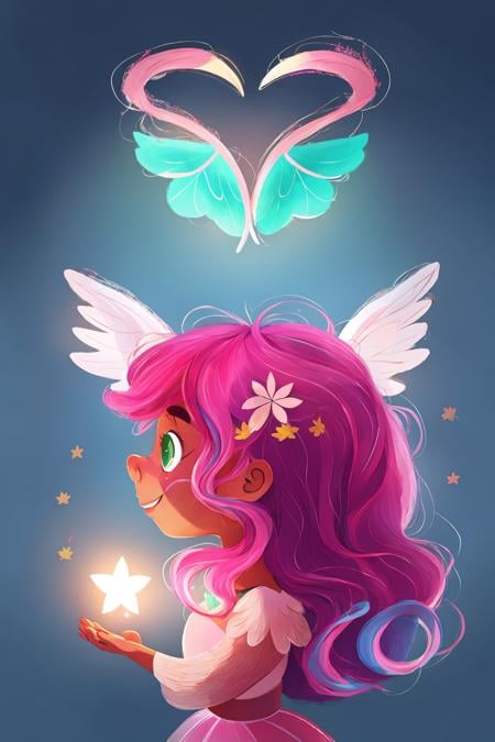 fant, antonella fant, 1girl, solo, long hair, smile, simple background, hair ornament, closed mouth, green eyes, upper body, pink hair, heart, wings, puffy sleeves, artist name, signature, star (symbol), from side, profile, leaf, halo, angel wings, angel,<lora:antonellafant-04:0.95>