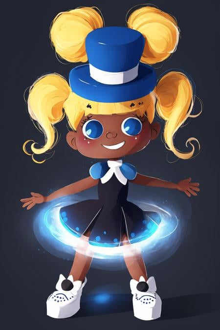 fant, antonella fant, 1girl, solo, smile, blue eyes, blonde hair, simple background, hair ornament, hat, white background, dress, twintails, full body, signature, dark skin, black footwear, dark-skinned female, blue dress, shadow, short twintails, top hat, octopus,<lora:antonellafant-04:0.95>