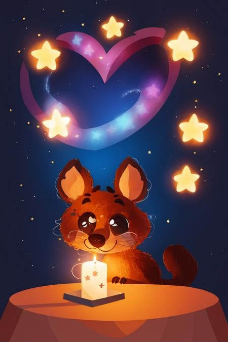 fant, antonella fant, blush, smile, brown hair, heart, food, sky, signature, star (symbol), symbol-shaped pupils, no humans, night, table, star (sky), night sky, furry, starry sky, candle,<lora:antonellafant-04:0.95>