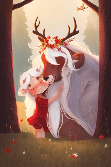 fant, antonella fant, 1girl, long hair, blush, smile, hair ornament, 1boy, very long hair, closed eyes, flower, white hair, outdoors, hair flower, tree, hug, grass, red flower, nature, furry, antlers, deer,<lora:antonellafant-04:0.95>