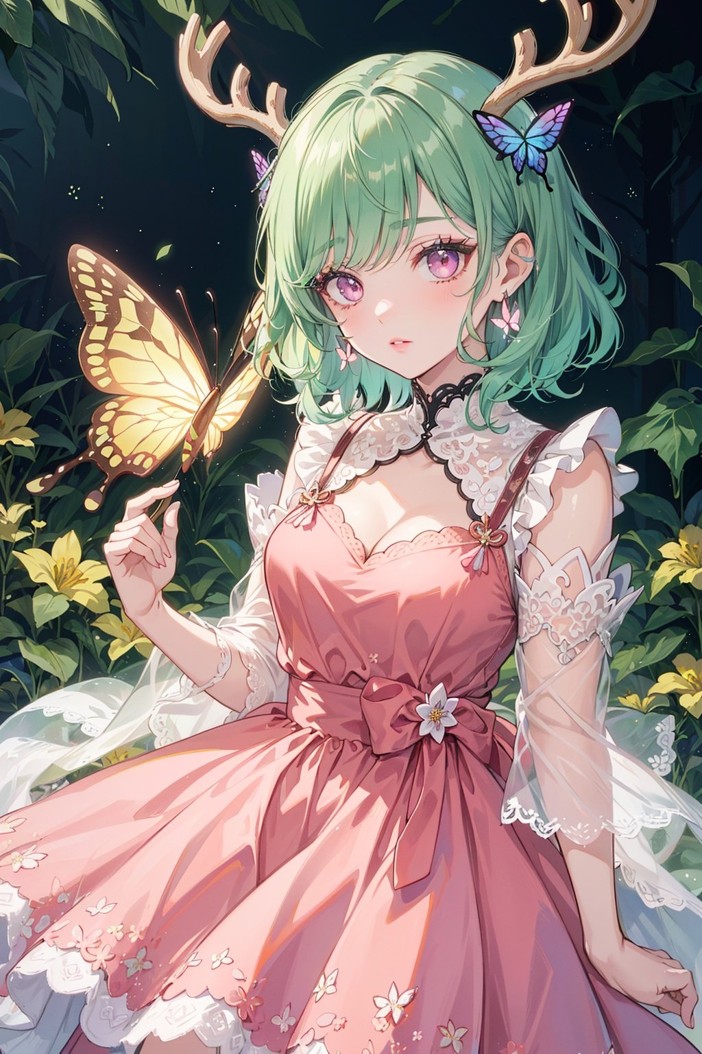 (((masterpiece, best quality))), (((thicker lines))), (((Sharp focus))), ((bokeh)), 1girl, (((light green pixie cut))), (((deer antlers, covered in flowers))), flower earrings, (((light pink eyes))), ((slanted eyes)), (thick eyeliner), eyeshadow, (((long eyelashes))), ((lips)), (((intricate pastel floral lace dress))), (((medium breasts))), ((forest)), ((lots of glowing flowers)), ((cowboy shot)), (glowart), Korean webtoon girl, big eyes, ombre lipstick, cute face, oval face, colored hair, curly hair, straight hair, ((butterfly style)), ombre, ombre hair, , , add_detail:0.5, add_detail:1, add_detail:1, add_detail:0, add_detail:2, InkAnime, ((glowify)), COLORFULMIX, MULTICOLORED HAIR, WAVY HAIR, mksks, more_details:-1, more_details:0, more_details:0.5, more_details:1, more_details:1.5, colored eyelashes, (((light green eyelashes))), kahuka1, butterfly style, flower dress, glowify, , , glowify, flower dress