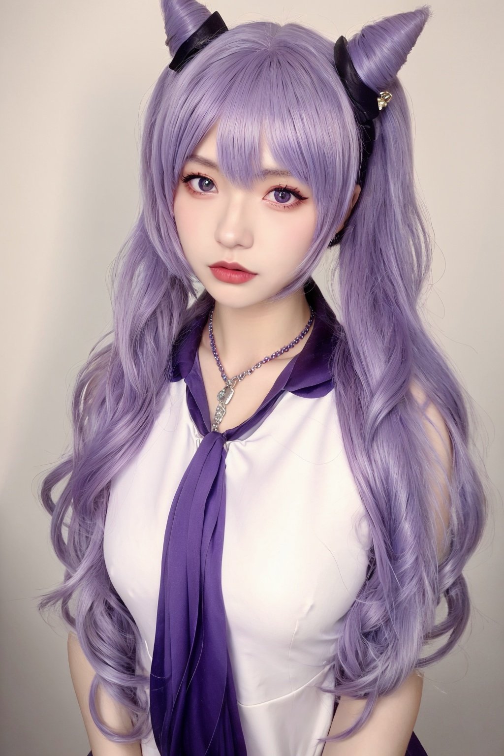 1girl, solo, cone hair bun, looking at viewer, purple hair, twintails, purple eyes, long hair,hair bun, necklace, jewelry,bangs,hair ornament, lips, double bun,