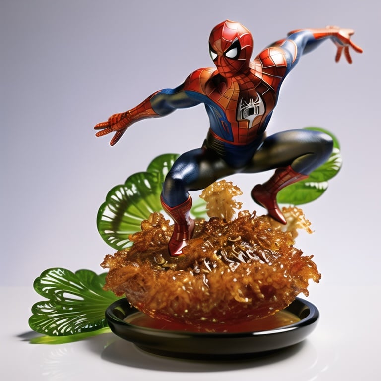 <lora:琉璃艺术_glaze-000000:0.7>,masterpiece,best quality,glaze,spider-man,no humans,white background,food focus,simple background,still life,food,realistic,vegetable,seaweed,plate,shrimp,