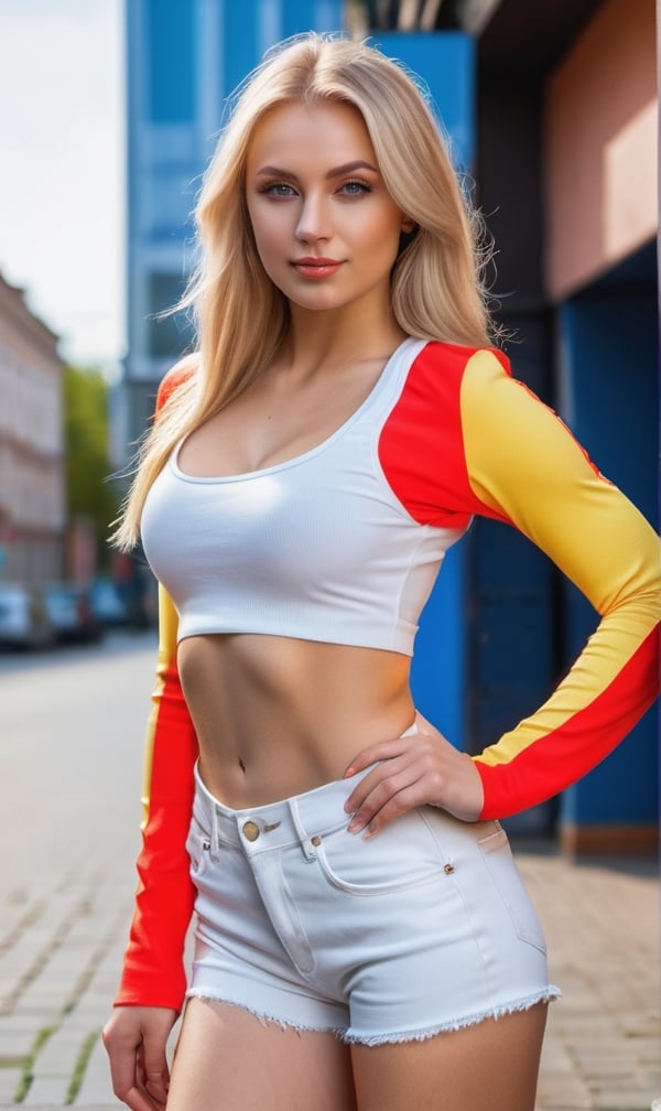 (Top quality RAW photo, (realistic, photo-realistic: 1.2), (high-detailed textures), Nikon D850 50mm lens), hot russian blonde woman in the street, tight jorts and white crop top, shiny day, exposed waist, tight hips Russian blonde model, medium breasts
