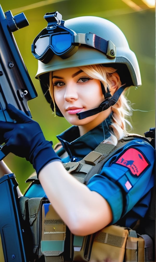 8k, RAW photo, portrait, best quality, ultra high res, photorealistic, woman in a helmet holding a gun and wearing a helmet, mechanized soldier girl, soldier girl, beautiful female soldier, infantry girl, m4 sopmod ii girls frontline, professional cosplay, military girl, inspired soldier, realistic cosplay
