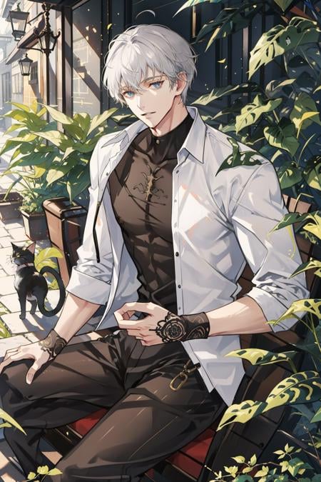 masterpiece, best quality, 1 male, adult, handsome, tall muscular guy, broad shoulders, finely detailed eyes and detailed face, extremely detailed CG unity 8k wallpaper, intricate details, very short white hair, best ratio four finger and one thumb, best light and shadow, background is back alley, detasiled sunlight, sitting, Little cats are gathered next to him, dappled sunlight, day, plants, summer, depth of field