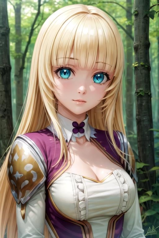 masterpiece, best quality, photorealistic, 1girl, solo, looking at viewer, upper body, depth of field, , , <lora:maria_fianna_albert:0.72>, maria_fianna_albert, blonde hair, aqua eyes, , An enchanted forest where magical creatures and plants abound,