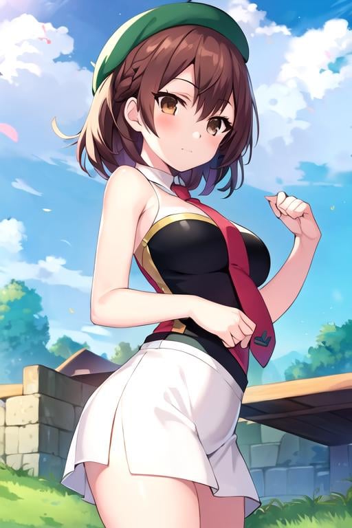 masterpiece, best quality, illustration, 1girl, solo, looking at viewer, , , anime coloring, , <lora:lola_metrose:0.74>, lola_metrose, brown hair, brown eyes, bare shoulders, red necktie, activewear, pillbox hat, The Valley of the Lost, 16k resolution