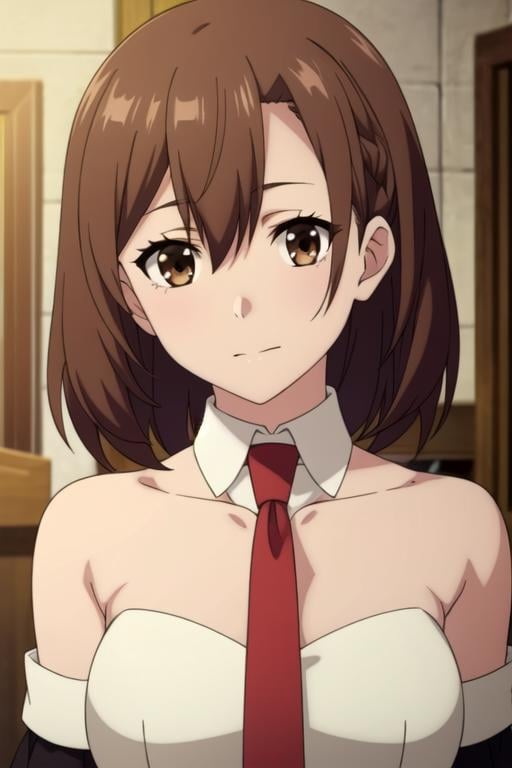 masterpiece, best quality, game cg, 1girl, solo, looking at viewer, , depth of field, , realistic, <lora:lola_metrose:0.68>, lola_metrose, brown hair, brown eyes, bare shoulders, red necktie