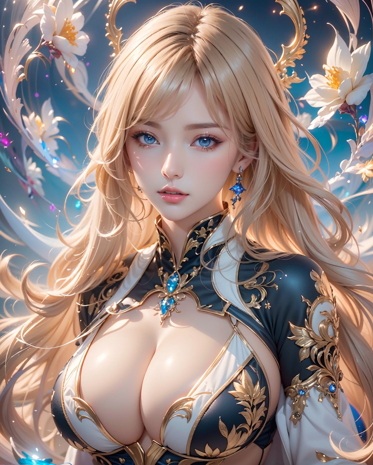 (a stunning beautiful and busty woman in white, blonde long hair),dynamic pose, floating colorful sparkles, shiny skin, ultra-detailed face, detailed eyes, lustrous lips ,skinny physique, beautiful figure, ,cleavage, elegant,(fractal art , Surrealism, complex background),(official art, unity 8k wallpaper, ultra detailed, beautiful and aesthetic, masterpiece ,best quality, photorealistic:1.3)