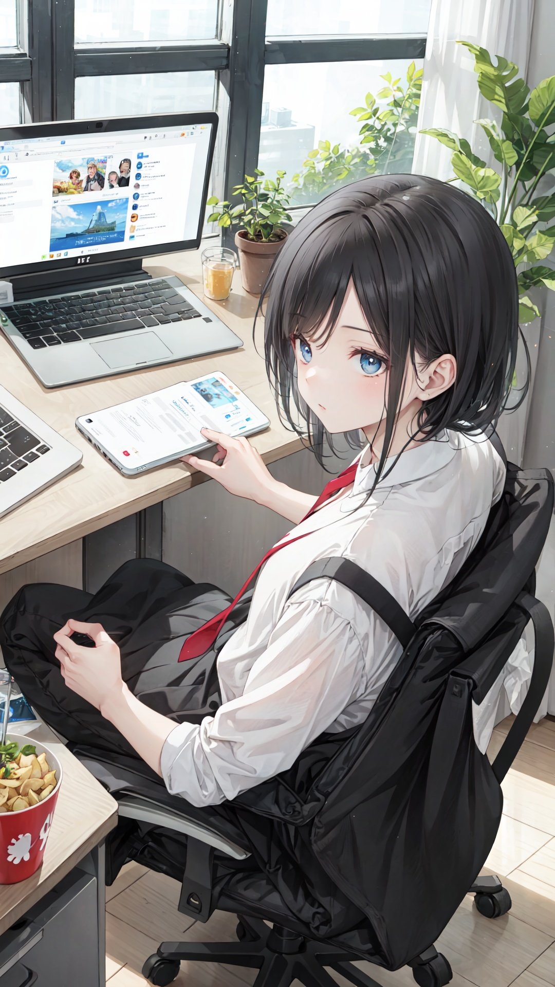 male focus,office,be lazy,on desk,computer,cellphone,chips (food),Playing movies on computer screens,black hair