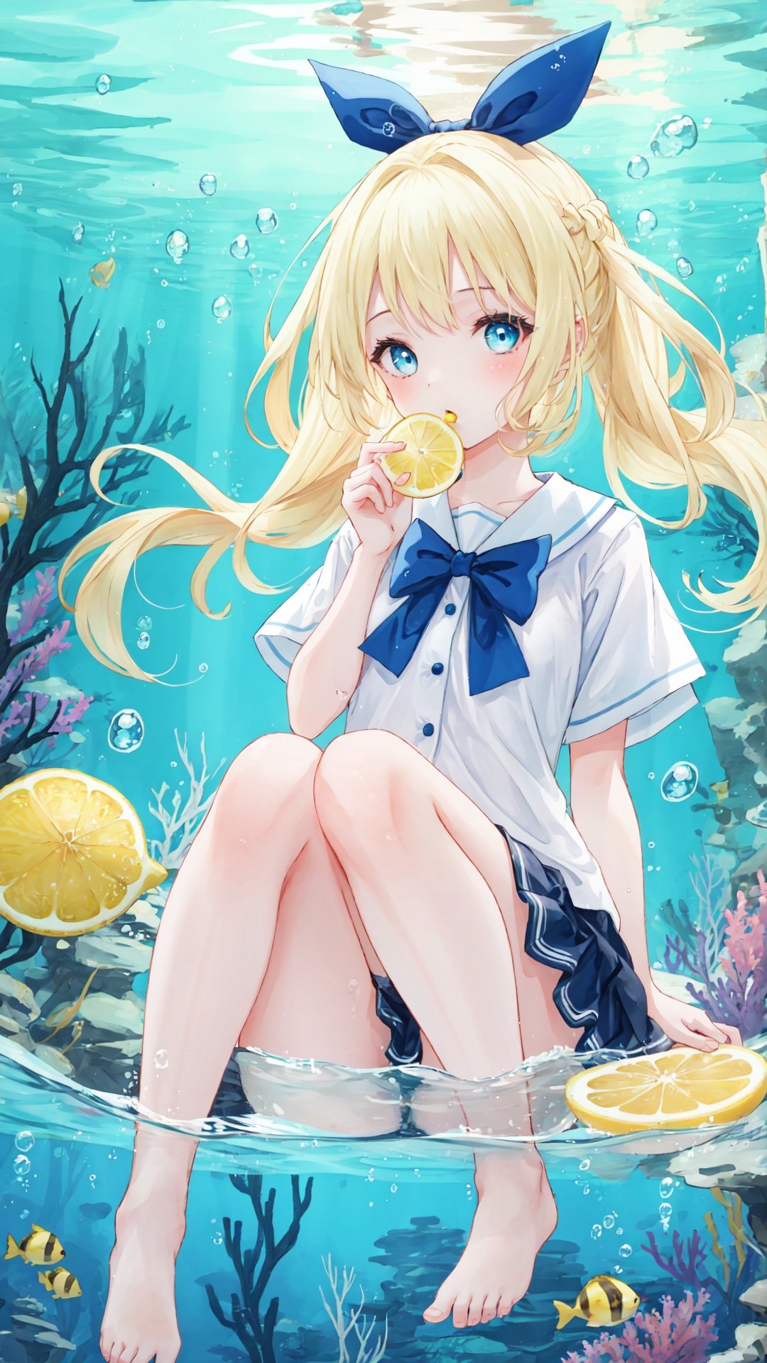 1girl, solo, blue eyes, bubble, blonde hair, long hair, air bubble, barefoot, underwater, ribbon, lemon, submerged, forehead, bubble blowing, swimming, short sleeves