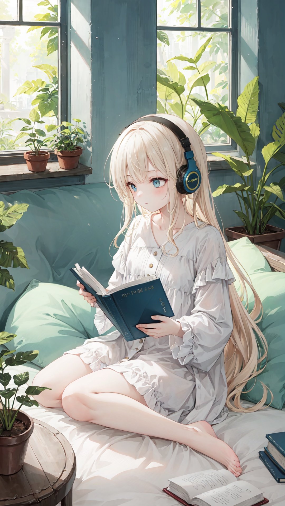 extremely delicate and beautiful,
depth of field,amazing,masterpiece,growth,visual impact,
ultra-detailed,

1girl, long_hair, window, book, pillow, barefoot, solo, plant, very_long_hair, indoors, potted_plant, headphones, cup,
gorgeous,fantasism,nature,refined rendering,original,contour deepening,high-key and low-variance brightness scale,soft light,light and dark interlaced,