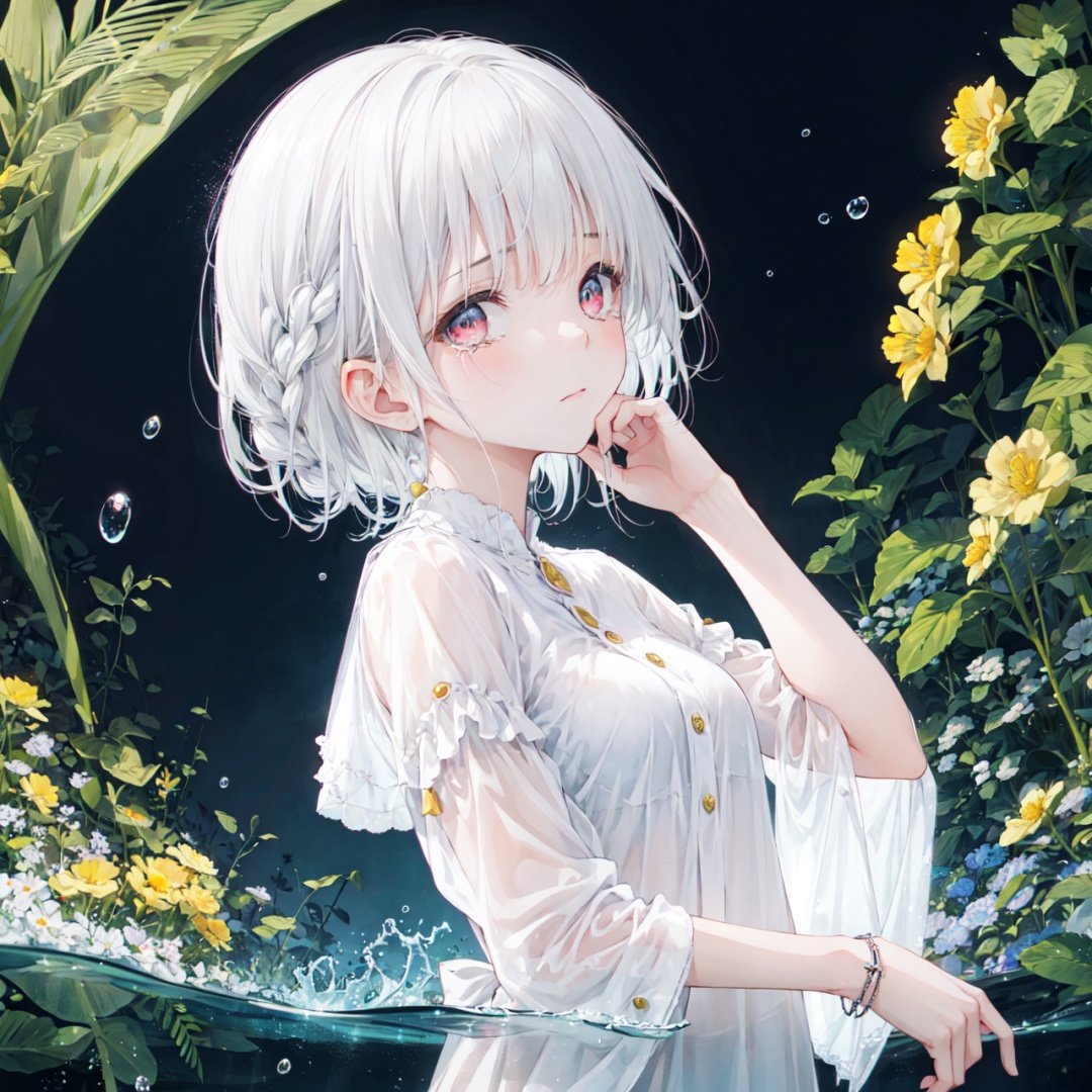 best quality, (chromatic aberration), (beautiful young female:1.4), (streaming tears), sad, (mimosa), (mimosa), (mimosa), looking at viewer, partially submerged, both hands on own cheek, {see-through long shirt},,{no bra} , (white hair, short hair, braid,bangs:1.2), (glowing eyes), ripples, dark water, black background, (prismatic),