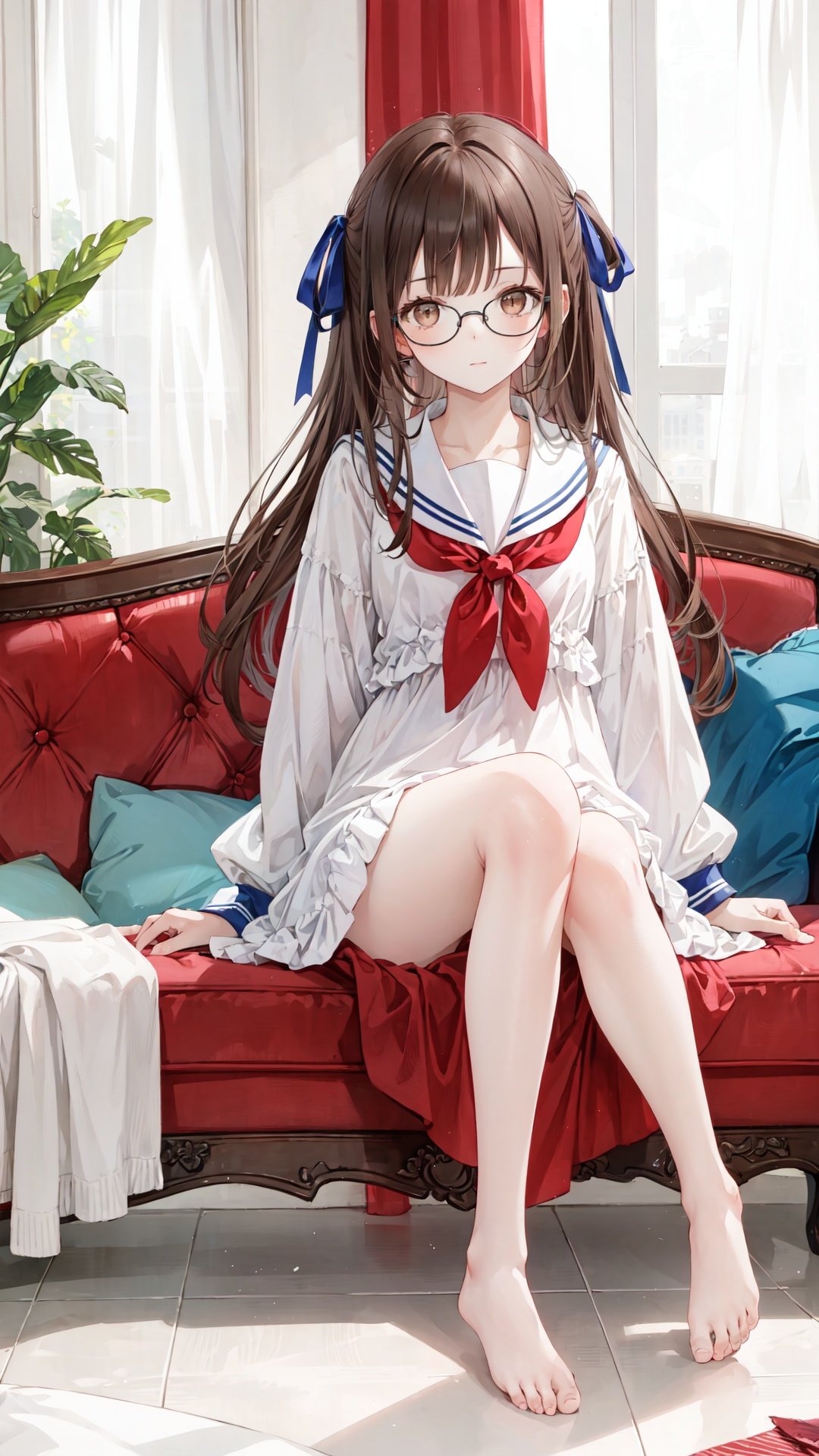 1girl, brown hair, glasses, barefoot, solo, brown eyes, bathtub, sitting, ribbon, looking at viewer, long hair, hair ribbon, sailor collar, couch, bare legs, feet, legs, curtains, cosplay, indoors, white sailor collar, dress