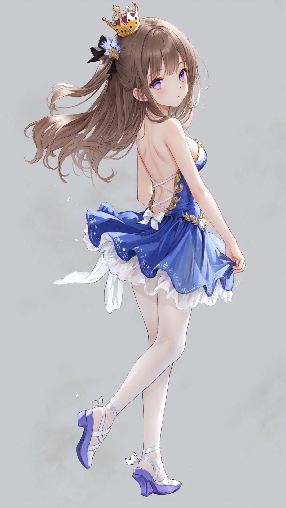 1girl, tutu, ballerina, solo, breasts, ballet slippers, brown hair, ballet, crown, athletic leotard, looking at viewer, leotard, bare shoulders, collarbone, full body, arched back, see-through, cleavage, mini crown, bangs, small breasts, dress, hair ornament, one side up, blue eyes, simple background, purple eyes, long hair